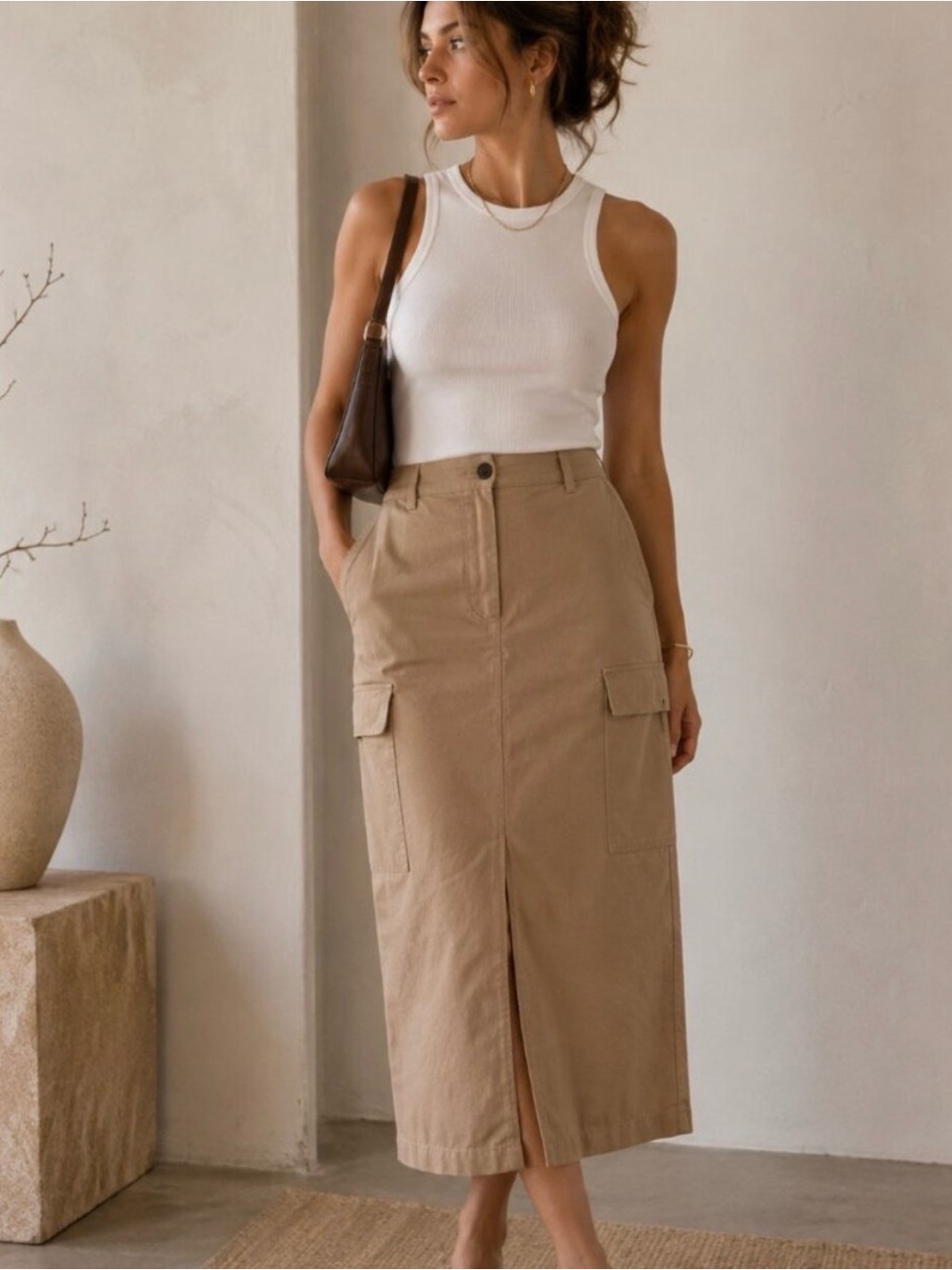 Women’s Midi Skirt in Tan - Classic A-Line